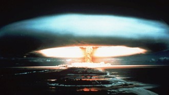 FILE -- A 1971 file photo of a nuclear bomb detonated at the Mururoa atoll, French Polynesia. President Jacques Chirac announced Tuesday June 13, 1995 that France would resume nuclear testing to verify the safety of existing weapons while advancing toward simulation technology. Eight nuclear tests are scheduled between September and May before France signs a treaty banning all tests. (AP Photo)