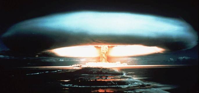 FILE -- A 1971 file photo of a nuclear bomb detonated at the Mururoa atoll, French Polynesia. President Jacques Chirac announced Tuesday June 13, 1995 that France would resume nuclear testing to verify the safety of existing weapons while advancing toward simulation technology. Eight nuclear tests are scheduled between September and May before France signs a treaty banning all tests. (AP Photo)